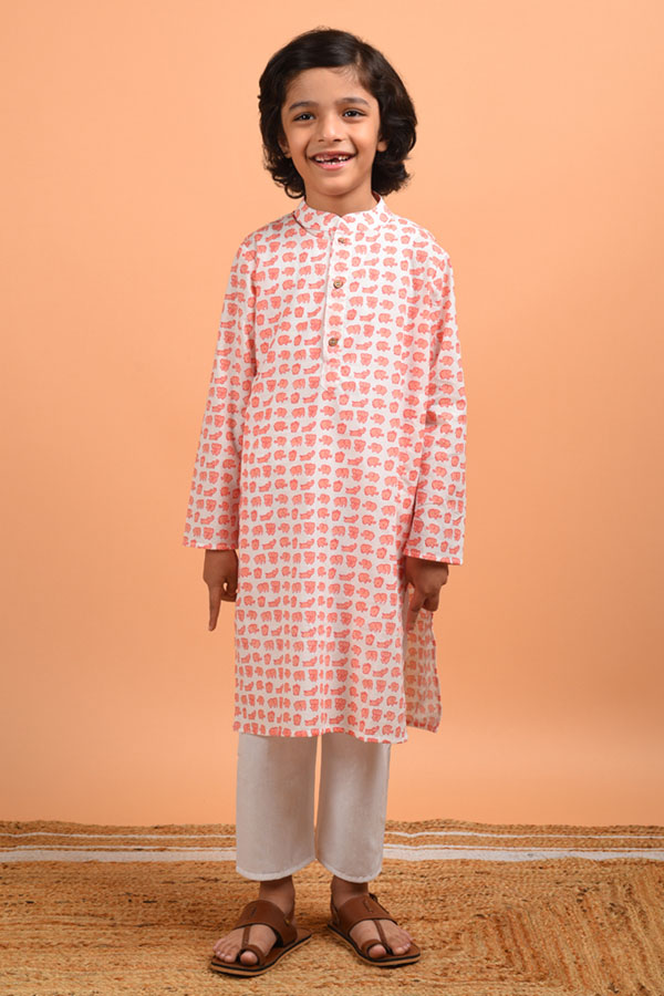 Block Printed Peach and White Cotton Kurta Set