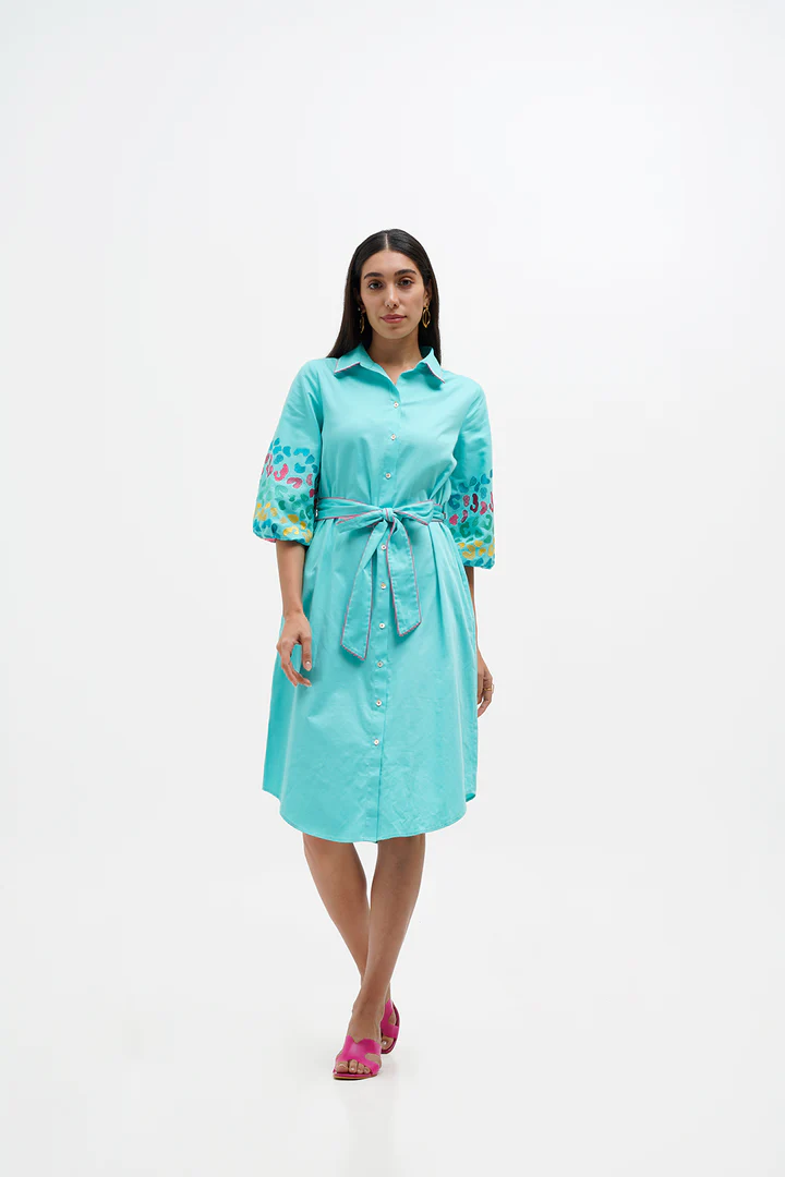 Embroidery Turquoise Cotton Shirt Dress