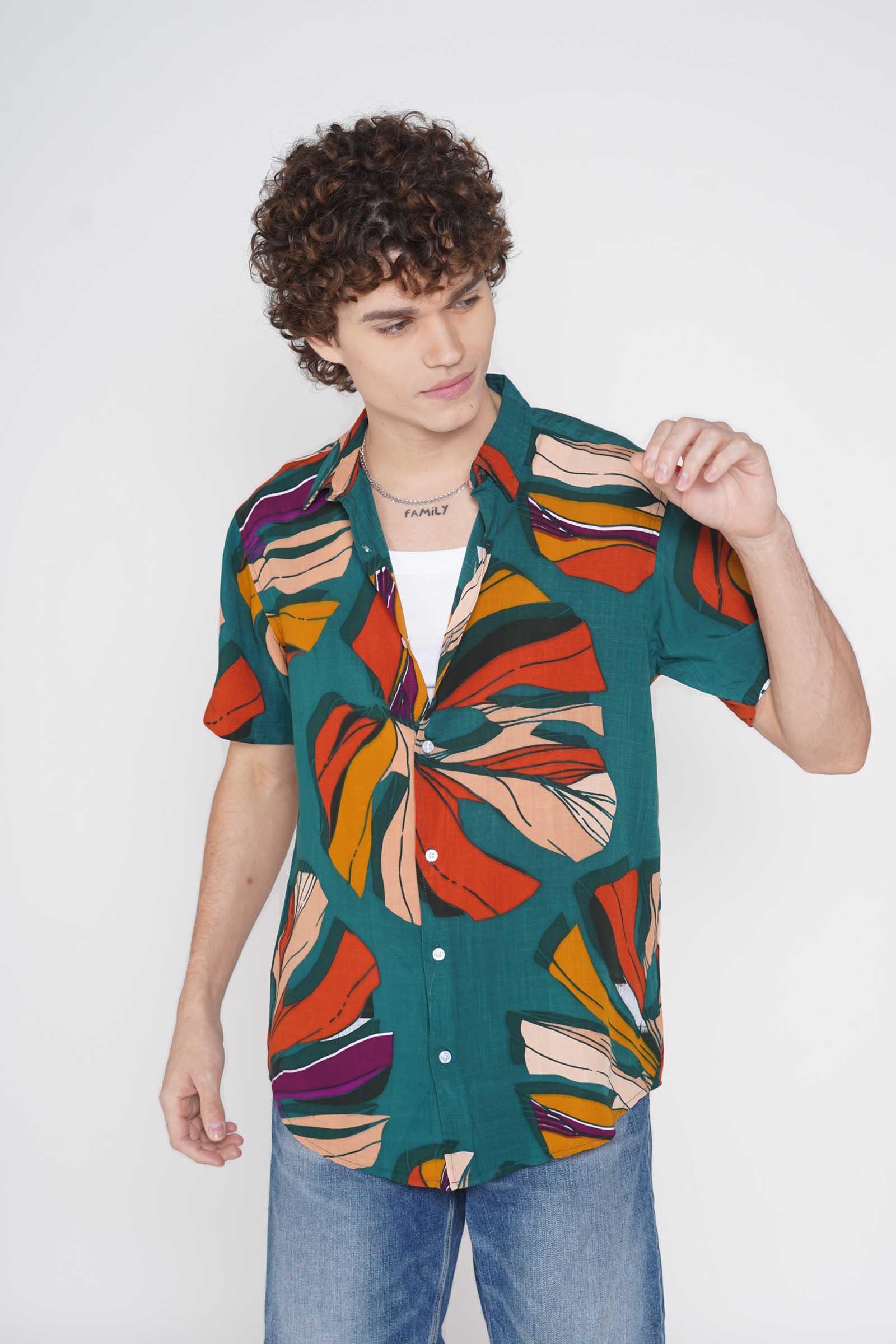 Abstract Printed Green Viscose Shirt 