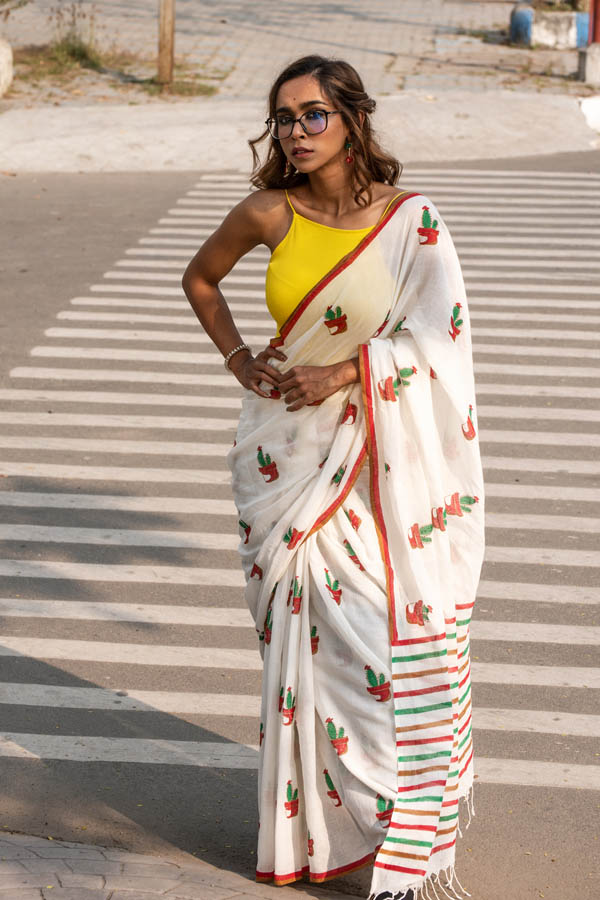 Printed White Organic Cotton Saree