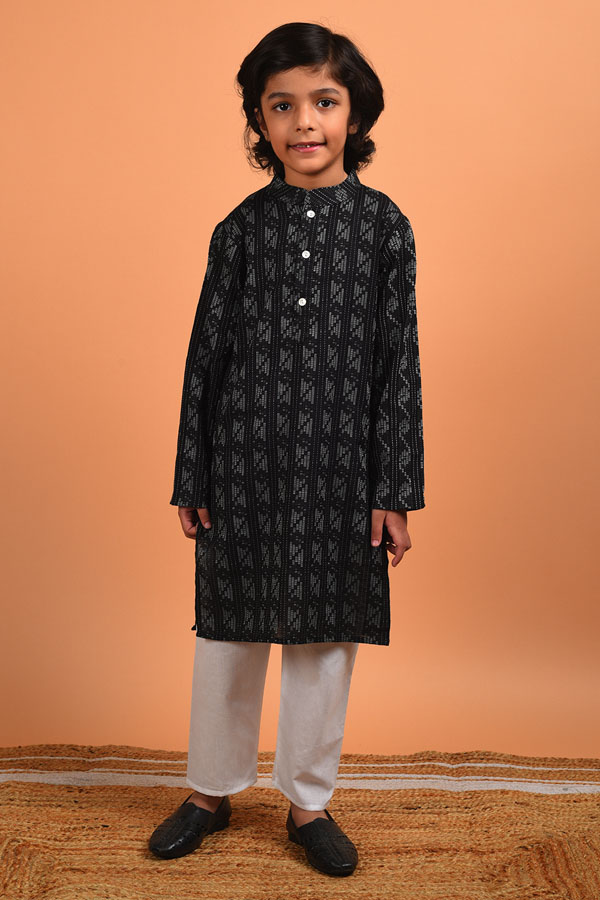 Kantha Embroidery Black and White Cotton Kurta Set