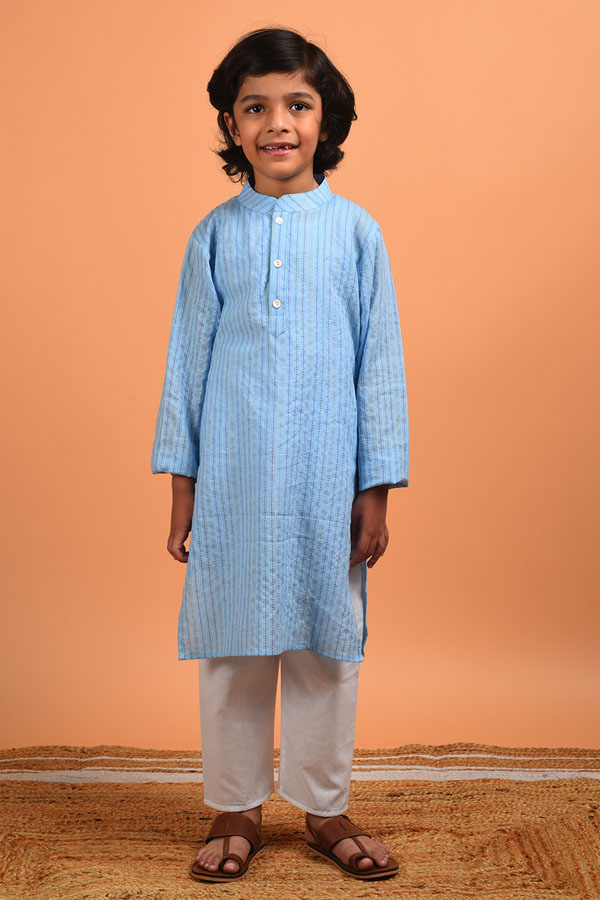 Kantha Weaved Blue and White Cotton Kurta Set