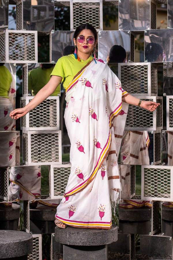 Printed White Organic Cotton Saree