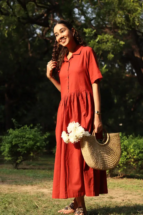 Red Linen Midi Dress