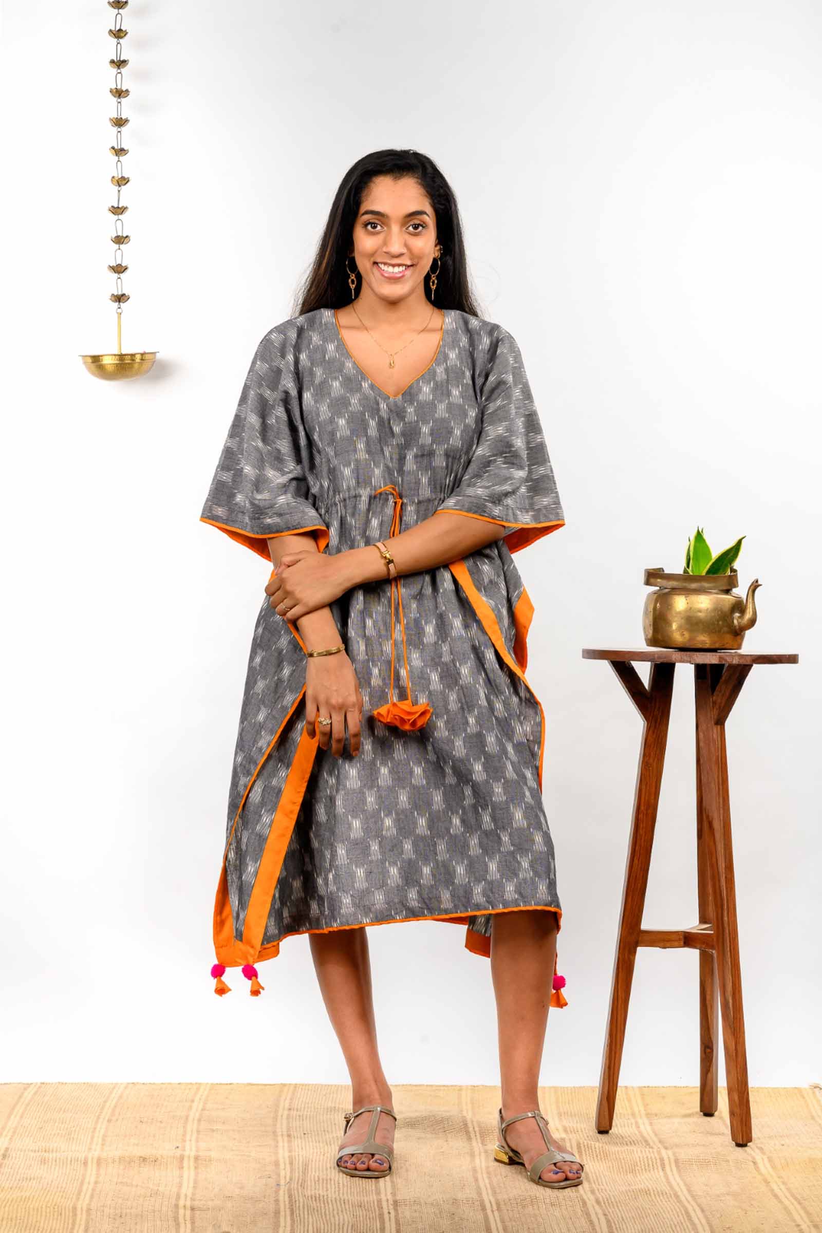 Ikat Printed Grey Cotton Kaftan Dress