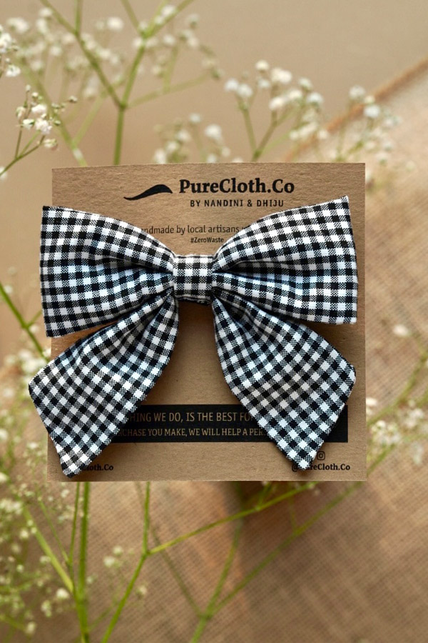 Black Checked Cotton Bow Hair Clip 