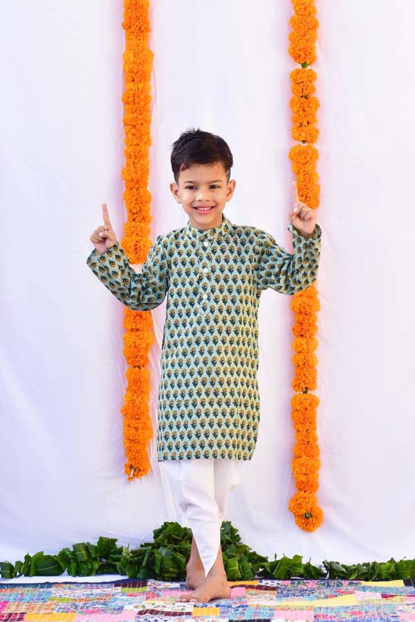 Block Printed Green and White Cotton Kurta Dhoti Set
