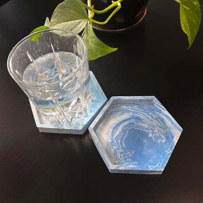 Blue Hexagon Marbled Coaster Set of 2