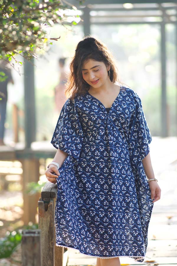 Block Printed Blue Cotton Kaftan