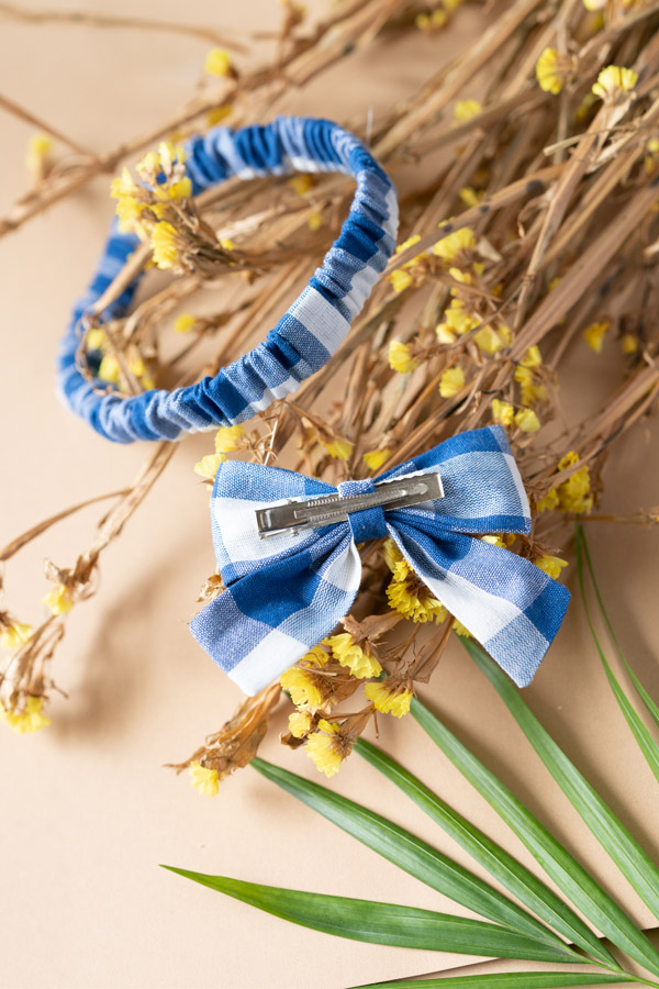 Blue Checked Cotton Bow Headband 