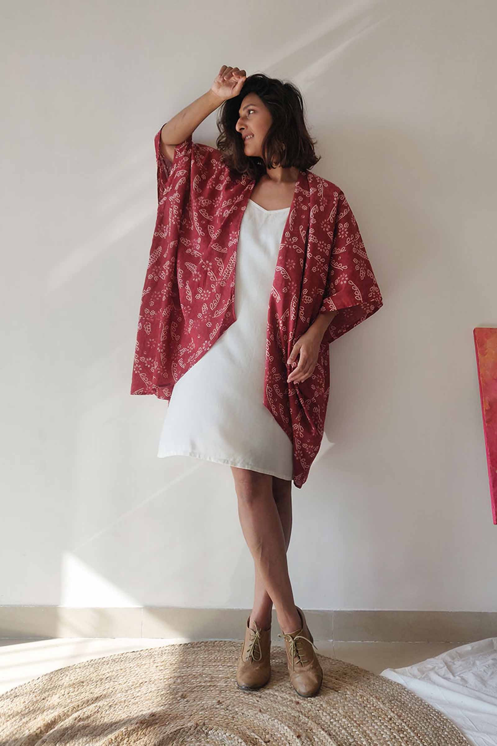 Printed Maroon Cotton Kimono Jacket