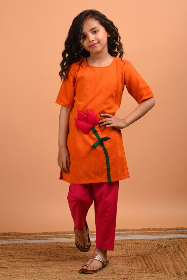 Lotus Applique Pink and Orange Cotton Kurta Set