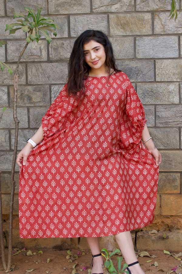 Block Printed Red Cotton Kaftan
